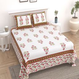 UNIQCHOICE Brown & White Floral Cotton 180 TC King Bedsheet With 2 Pillow Covers-image-31