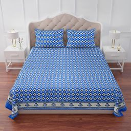 The Craft Monk Blue & White Floral Print Cotton 240 TC King Bedsheet with 2 Pillow Covers-image-22