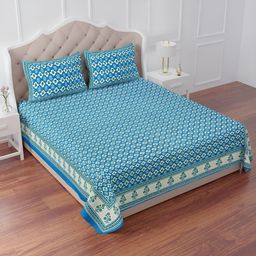 The Craft Monk Blue Cotton 240 TC King Bedsheet with 2 Pillow Covers-image-21