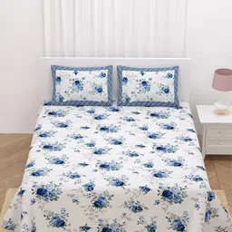 LIVING ROOTS White & Blue Floral Cotton 210 TC King Bedsheet with 2 Pillow Covers-image-24