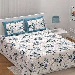 LIVING ROOTS White & Blue Floral Cotton 210 TC King Bedsheet with 2 Pillow Covers-image-60