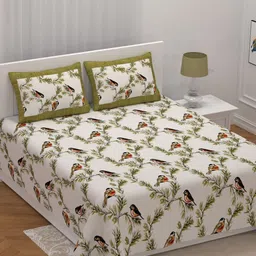 LIVING ROOTS White & Green Floral Cotton 210 TC King Bedsheet with 2 Pillow Covers-image-54