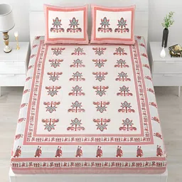 Runjhun Red & White Floral Printed 240 TC Cotton King Bedsheet with 2 Pillow Covers-34