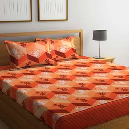 Dhrohar Orange & Brown Geometric Cotton 240 TC Queen Bedsheet with 2 Pillow Covers-image-56