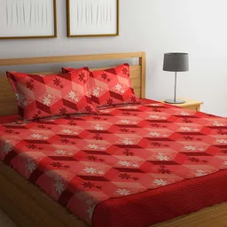Dhrohar Orange & Brown Floral Cotton 240 TC Queen Bedsheet with 2 Pillow Covers-image-57
