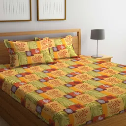 Dhrohar Yellow & Brown Floral Cotton 240 TC Queen Bedsheet with 2 Pillow Covers-image-53