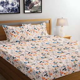 Srijee Decors Tulip Treasure Off White Floral 210 TC Fitted Bedsheet & 2 Pillow Covers-image-65