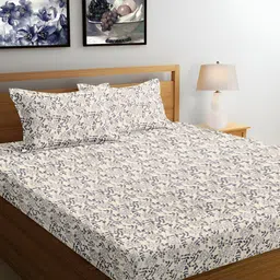 Srijee Decors Grey & Cream Floral 210 TC Fitted Queen Bedsheet With 2 Pillow Covers-image-72