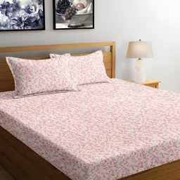 Srijee Decors Flex Pink & Blue Floral 210 TC Fitted Queen Bedsheet With 2 Pillow Covers-image-28