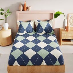 Srijee Decors Blue & White Geometric 210 TC Fitted Queen Bedsheet With 2 Pillow Covers-image-60