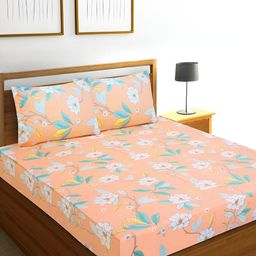 Srijee Decors Orange & Blue Floral 210 TC Fitted Queen Bedsheet With 2 Pillow Covers-image-68