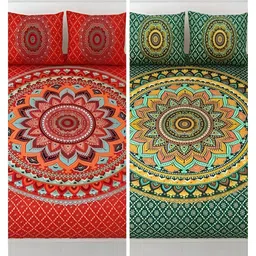 Runjhun Red & Yellow Ethnic Motifs Cotton 2 King Bedsheet with 4 Pillow Covers-image-3