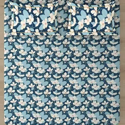 Aura Blue & White Floral 144 TC Queen Bedsheet with 2 Pillow Covers-picture-22