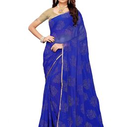 KALINI Blue & Gold-Toned Floral Printed Zari Saree-image-56