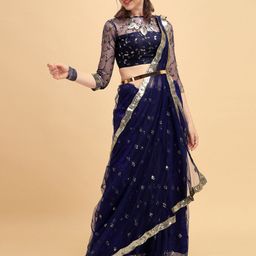 Sangria Women Blue Embellished Sarees-picture-3
