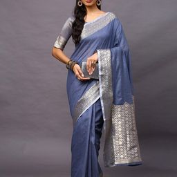Mitera Blue & Gold-Toned Linen Blend Taant Saree-picture-39