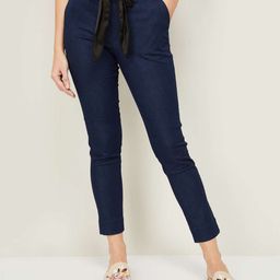 Xpose Women Navy Blue Solid Slim-Fit Denim Jeggings with Satin Belt-image-14