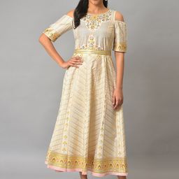 AURELIA Ethnic Motifs Printed Cold-Shoulder Sleeves Midi Fit & Flare Ethnic Dress-image-71