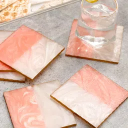 DULI Set of 6 Pink & Cream Colored Square Resin Coasters-8