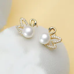 Krelin Gold-Plated Stone-Studded & Pearl-Beaded Swan Earrings-image-53