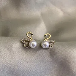 Krelin Gold-Plated Stone-Studded & Pearl-Beaded Swan Earrings-image-52