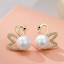 Krelin Gold-Plated Stone-Studded & Pearl-Beaded Swan Earrings-image-51