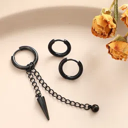 Yellow Chimes Black Contemporary Designed With Hanging Chain Drop Hoop Earrings-50