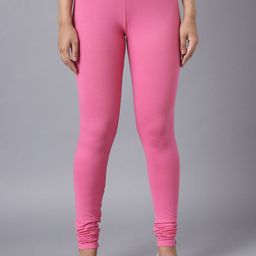 KEX Women Pink Solid Churidar Length Cotton Leggings-image-122