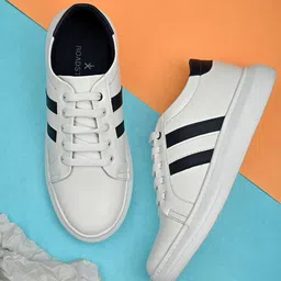 The Roadster Lifestyle Co Men White Striped Leather Slip-On Sneakers-image-40