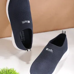 Aqualite Men Navy Blue Woven Design Slip-On Sneakers-image-11
