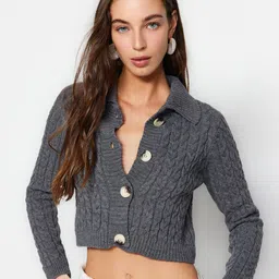 Trendyol Cable Knit Acrylic Spread Collar Crop Cardigan-14