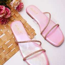 DressBerry Pink Embellished Open Toe Flats-19