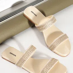 Anouk Gold-Toned Embellished Open Toe Flats-16