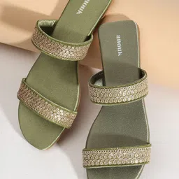 Anouk Olive Green Embellished Open Toe Flats-0