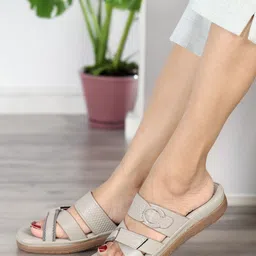 Denill Textured Buckle Detail Open Toe Flats-28