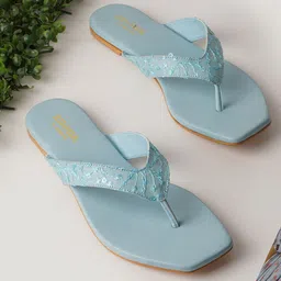 Anouk Turquoise Blue Embellished Embroidered Fabric Open Toe Flats-10
