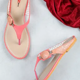 Shezone Women Peach-Coloured T-Strap Flats-image-36