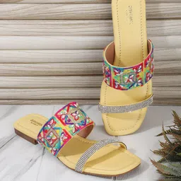 Anouk Yellow & Silver-Toned Embellished & Embroidered Open Toe Flats-47
