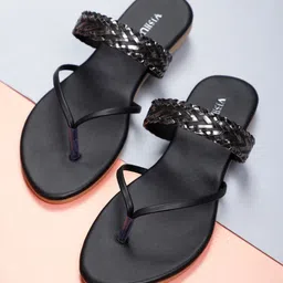 Vishudh Women Black Textured Open Toe Flats-6