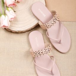 Vishudh Women Pink Textured Open Toe Flats-4