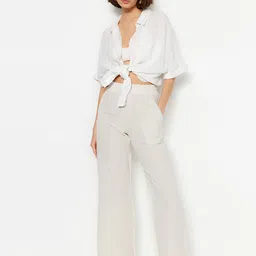 Trendyol Women Mid-Rise Pure Cotton Parallel Trousers-image-92