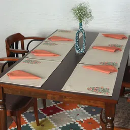 ZEBA Beige & Peach Coloured 6 Pieces Embroidered Table Placemats & Napkins-24