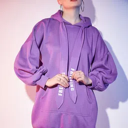 STREET 9 Typography Printed Cuffed Sleeves Fleece & Cotton Mini Hooded T-shirt Dress-image-63