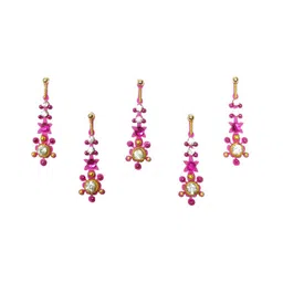 Comet Busters 5 Pcs Embellished Reusable Designer Bindis - Pink & Gold-Toned-11