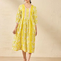 Taneira Floral Printed V-Neck Pure Cotton Sanganeri Fit & Flare Midi Dress-image-27