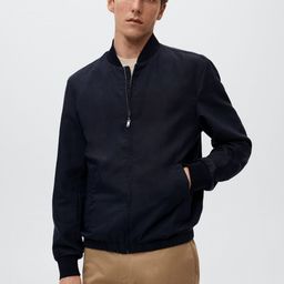 MANGO MAN Navy Blue Solid Tencel Linen Bomber Sustainable Jacket-image-22