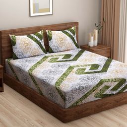 SWAYAM White & Green Ethnic Motifs 144 TC Cotton King Bedsheet with 2 Pillow Covers-35