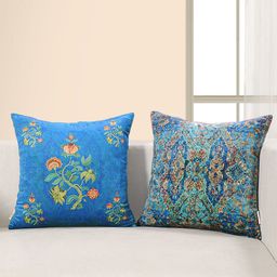 SWAYAM Blue & Orange Set of 2 Ethnic Motifs Velvet Square Cushion Covers-22