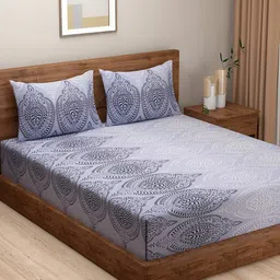 SWAYAM Blue & White Ethnic Motifs 200 TC King Bedsheet with 2 Pillow Covers-image-68