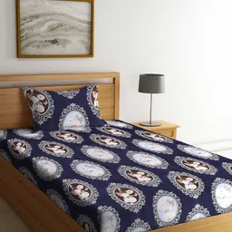 Arrabi Navy Blue & White Ethnic Motifs 300 TC Single Bedsheet with 1 Pillow Covers-44
